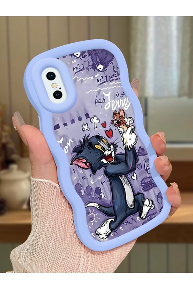 iPhone XS Compatible Shockproof Simple Blue Silicone Phone Case Tom and Jerry Pattern