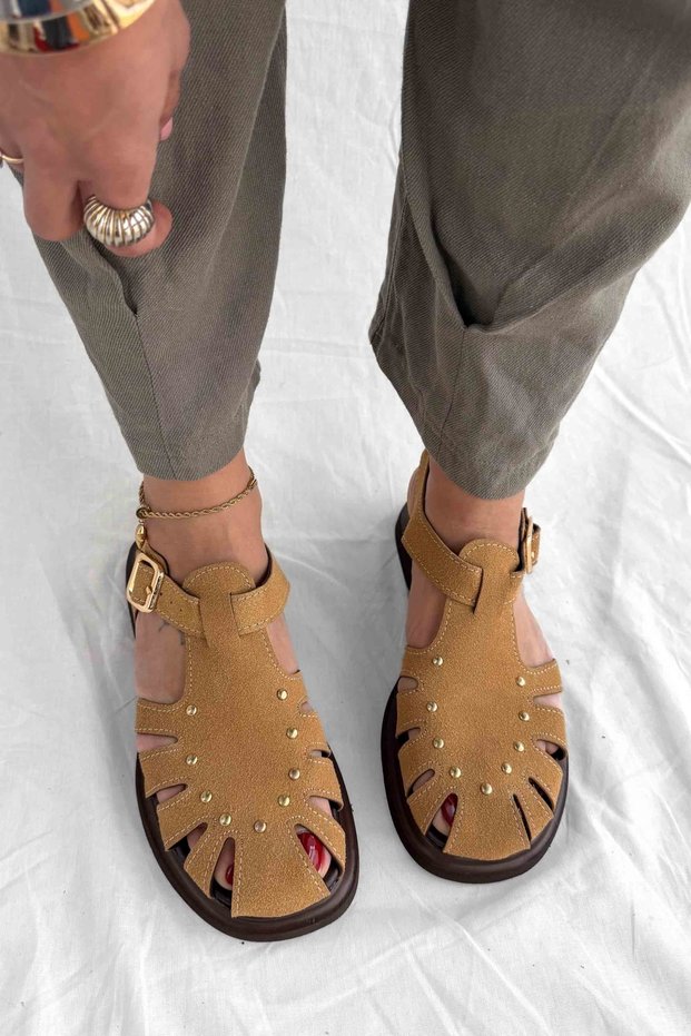 Alessia Tan Suede Women's Sandals with Pin Detail