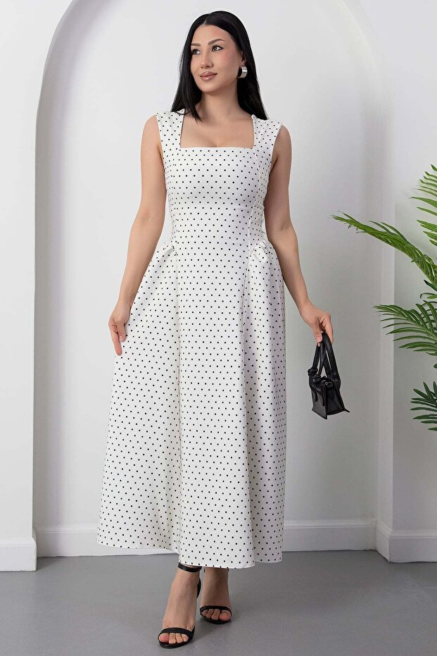 Square Neck Tie Back Polka Dot Dress Grs3950