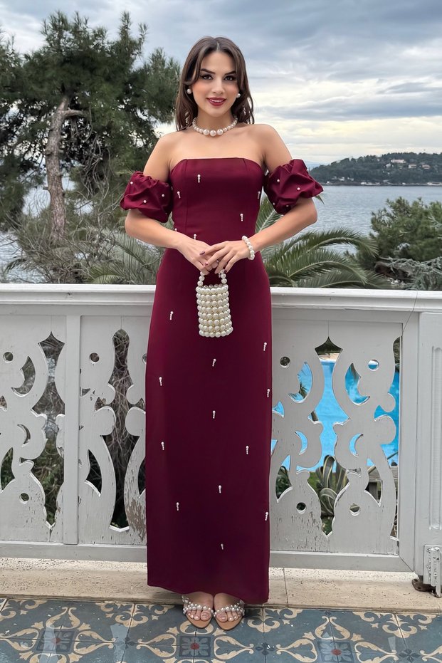 Women's Burgundy Strapless Neckline Pearl Embroidered Long Promise Engagement Wedding Dress