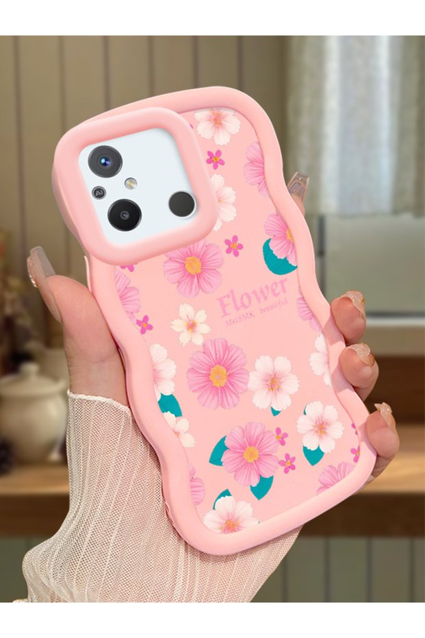 Poco C55 Compatible Shockproof Simple Pink Silicone Phone Case Flower Pattern
