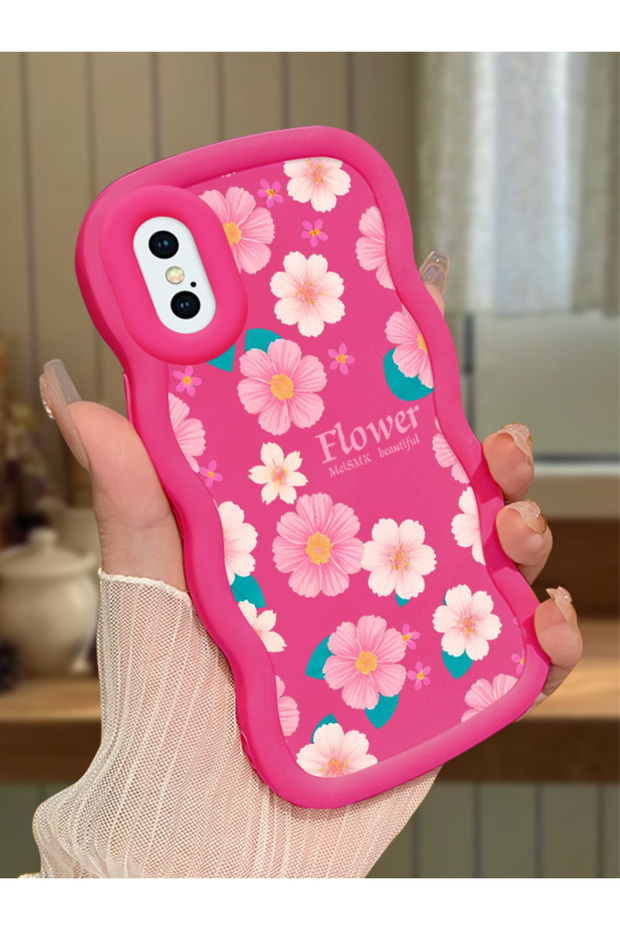 iPhone XS Compatible Shockproof Simple Red Silicone Phone Case Flowers Pattern