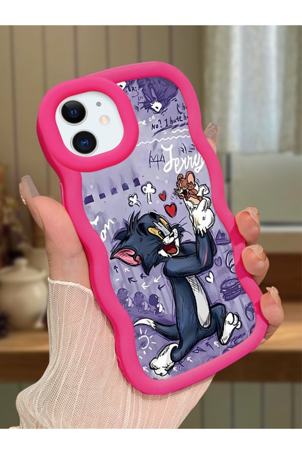 iPhone 12 Compatible Shockproof Simple Red Silicone Phone Case Tom and Jerry Pattern