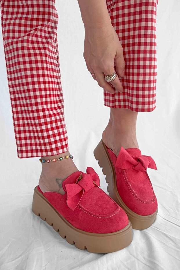 Donatella Red Suede Bow Detail High Sole Women's Slippers
