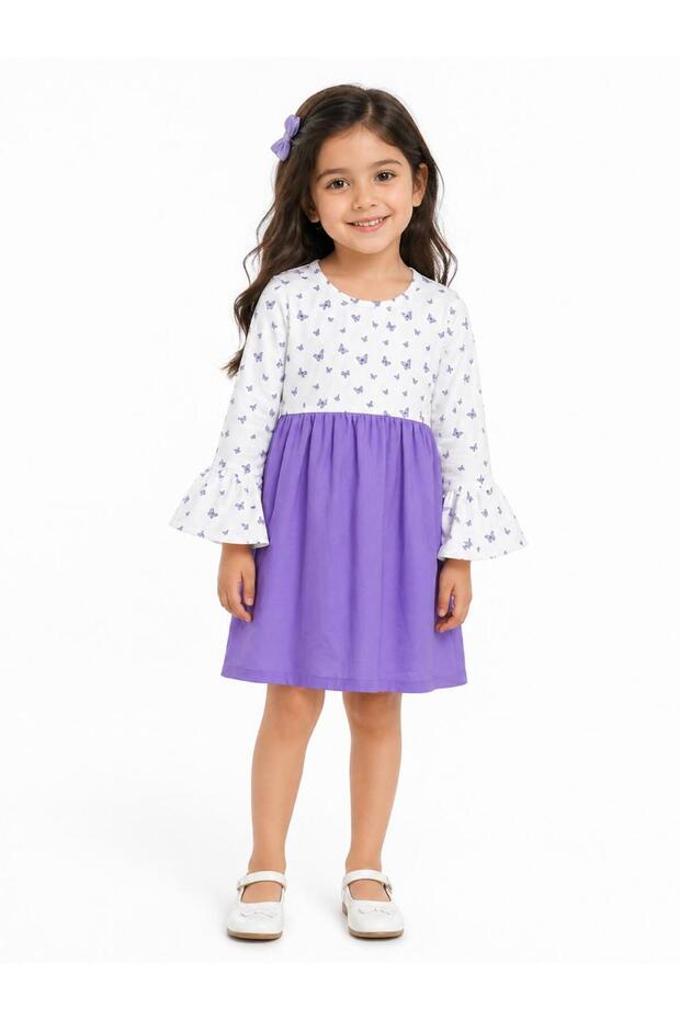 Girls Frock-Cotton Purple Frock Dress – Soft Comfortable Kids Casual & Party Wear – Long Sleeve Butterfly Print