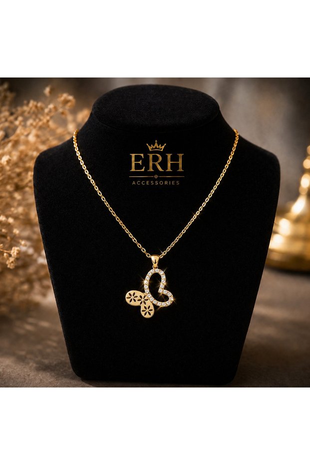 Gold Color Heart and Butterfly Detailed Zircon Stone Necklace – Stylish Women's Steel Necklace, Tarnish-Resistant and Elegant