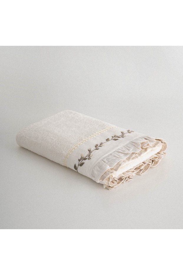 Leyna Bath Towel Women's 100% Organic Cotton Hand Embroidered Cream 80X150 cm