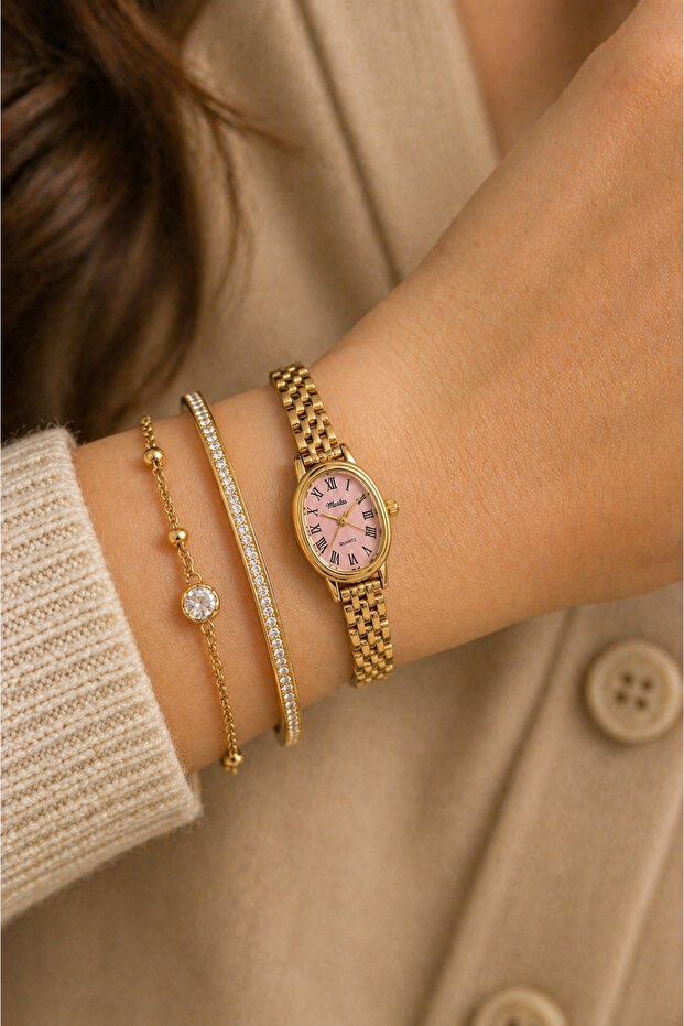Steel Cord Pink Dial Yellow Wristwatch