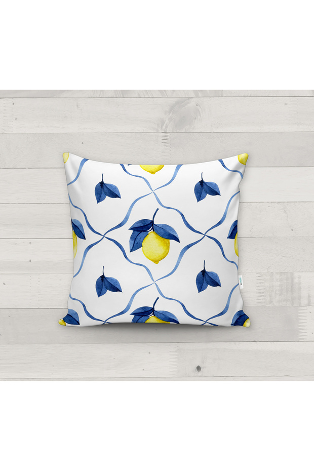 Mediterranean Series: Velvet Throw Pillow with Sapphire Blue Cage Pattern and Vibrant Lemon Detail 43X43 cm