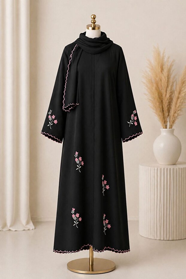 Black Abaya with Pink Detailing Luxurious and Classy Embroidery Feminine Islamic Dressing - Complete Set with Chilla