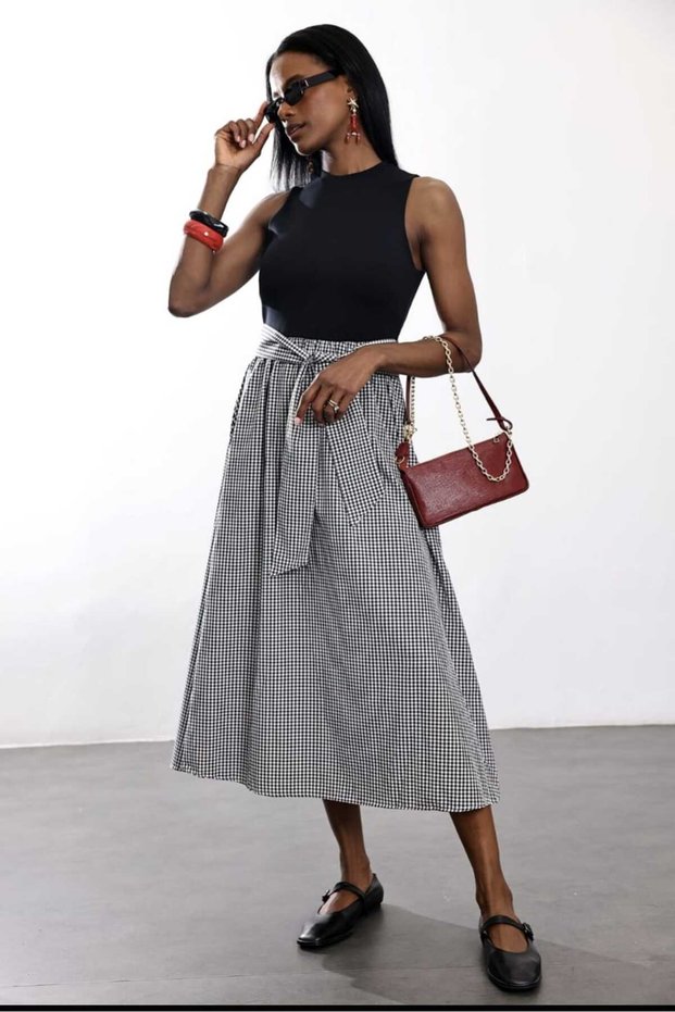Nox Women's Double Combed Cotton Skirt with Belt, Plaid, Sleeveless Long Dress