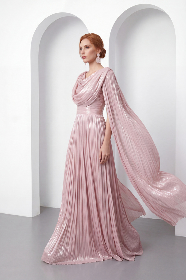 Women's Powder Chiffon Flowy Cape Sleeve Long Evening Dress