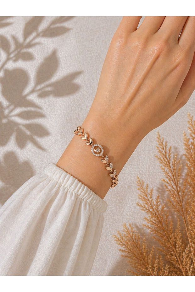Women's Zircon Stone Rose Gold Color Leaf Patterned Steel Bracelet Adjustable