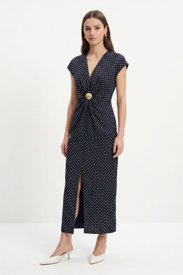 Black V-Neck Buckled Slit Polka Dot Long Dress 261680