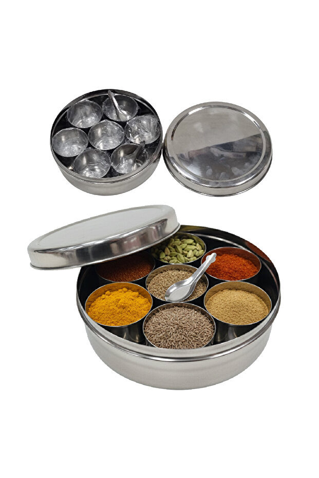 Stainless Steel Spice Box 22cm with 7 Jars & 1 Spoon