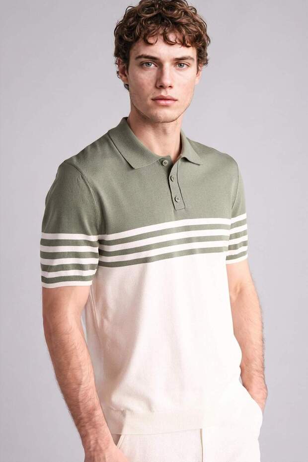 Standard Fit Polo Collar Striped Short Sleeve Knitwear Polo T-Shirt H5858Ax26Sm
