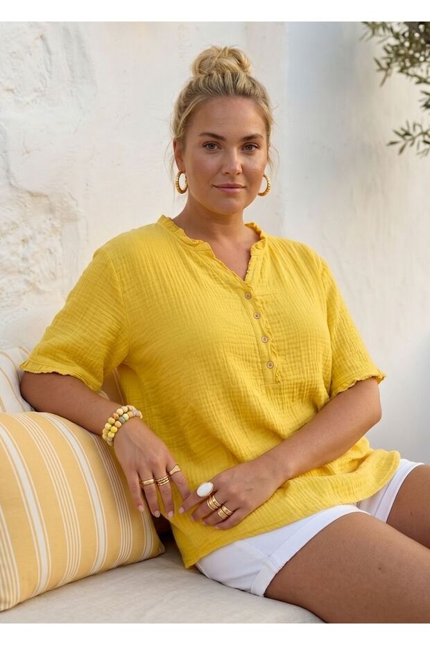 Yellow V-Neck Short-Sleeved Buttoned Collar and Cuff Ruffles Casual Muslin Oversized Woven Blouse 77 70