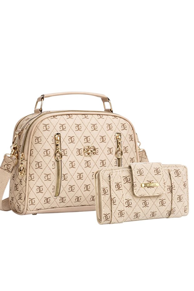 Women's Long Strap Hand and Shoulder Bag with Mini Wallet, Zipper, Card Holder and Coin Compartment