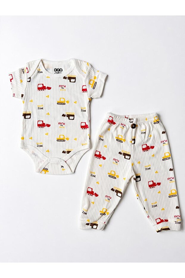 2-Piece Scoop Patterned Cotton Baby Boy Short Sleeve Bodysuit and Pants Set