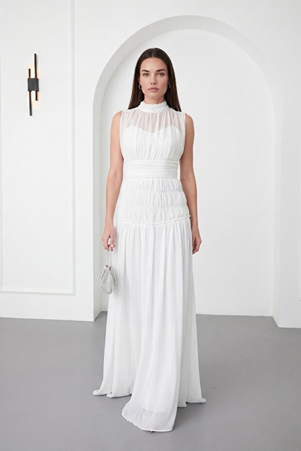 Women's White High Neck Pleated Long Chiffon Event Dress