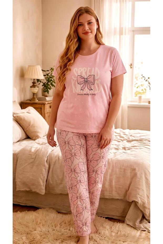 1705 Pink Bow Lycra Plus Size Pajama Set