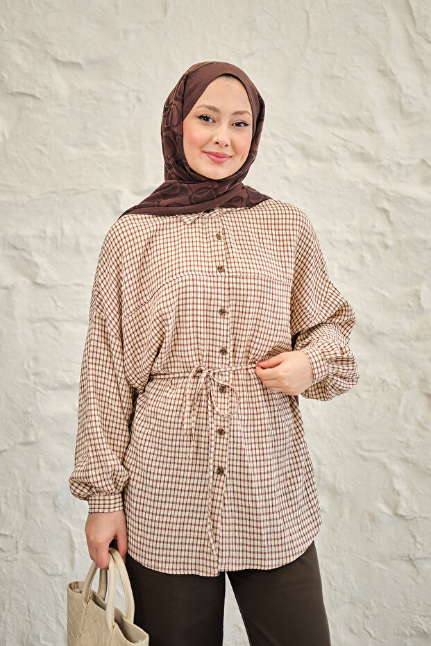 Women's Plaid Pattern Waist Tie Shirt Brown