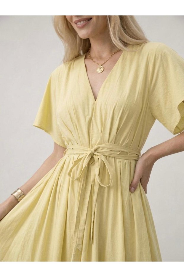Women's Short Sleeve Front Buttoned Belted Cotton Non-See-Through Dress