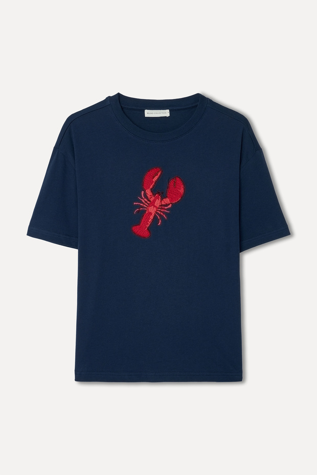 Women's Navy Blue Embroidered Crew Neck T-Shirt