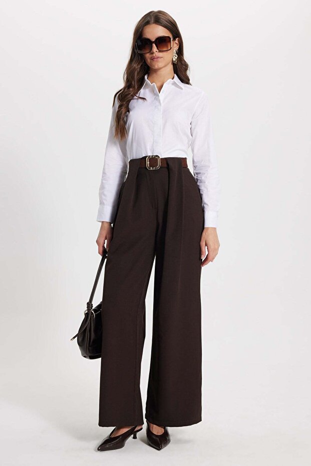Women's Relax Fit Comfortable Cut Pleated Double Pocket Belted Brown Trousers
