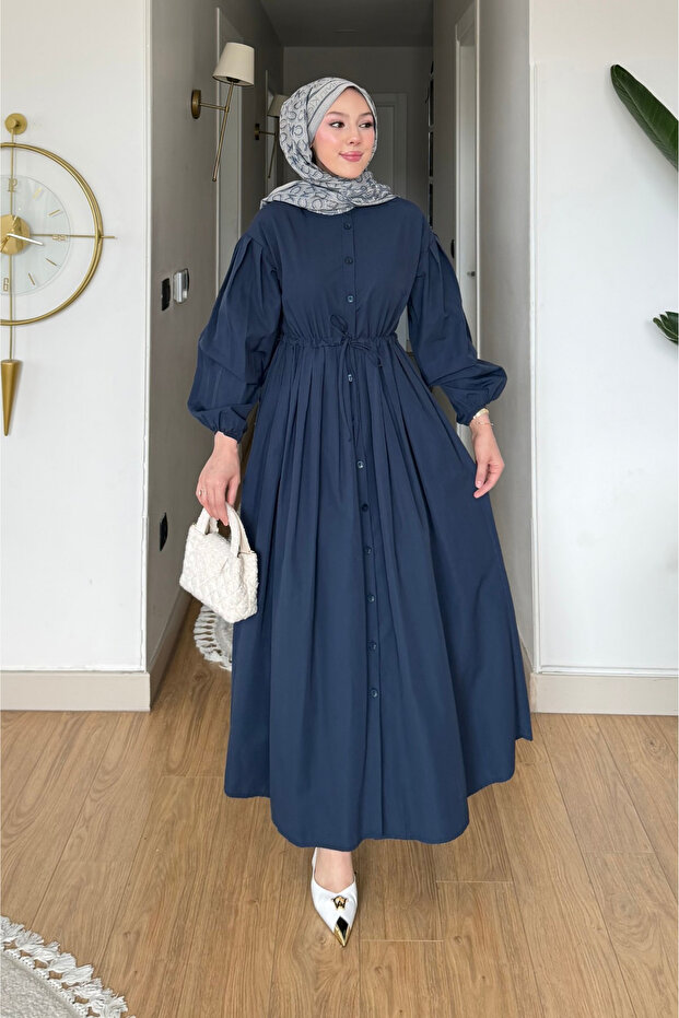 Divol Poplin Fabric Buttoned Hijab Dress - Navy Blue