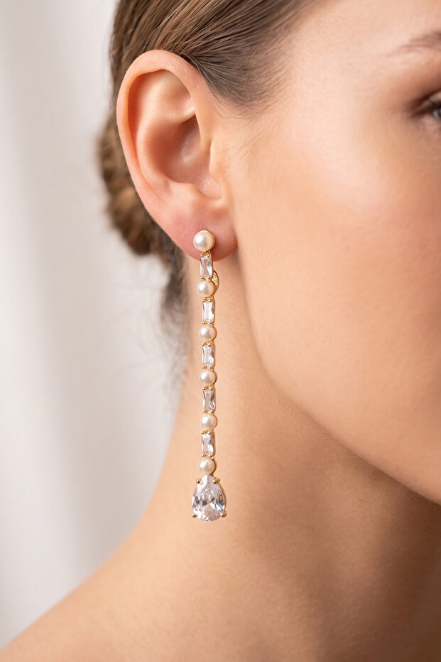 Pearl and Stone Long Drop Earrings 6.5 Cm.