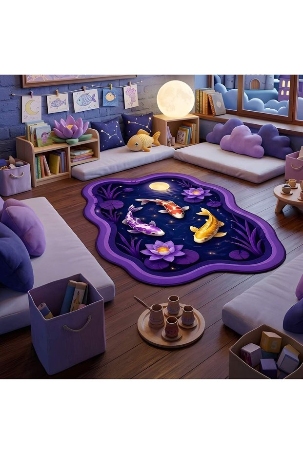 Sdt Night Glowing Koi Fish and Lotus Flowers Purple Woven Base Decorative Carpet Sdt847