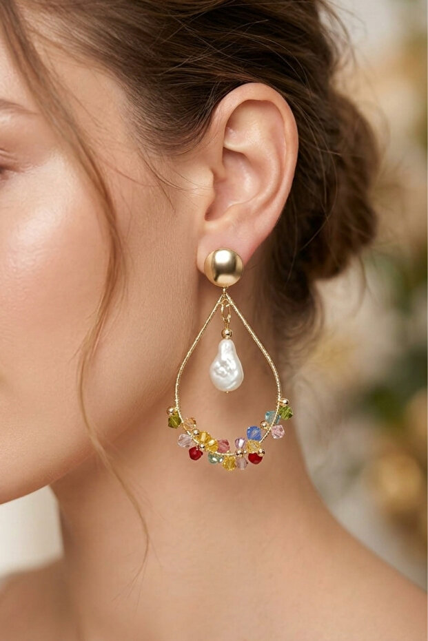 Colorful Crystal Stone Drop Pearl Earrings 7 Cm.