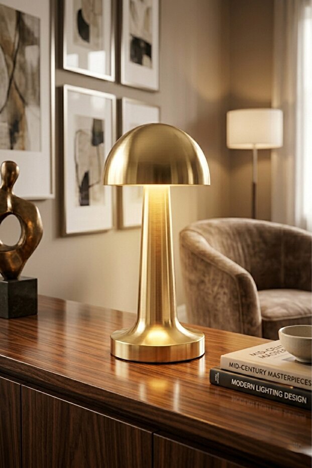 primehome Mantar Masa Lambası Gold Renk Şarjlı Kablosuz Metal Masa Lambası, Dokunmatik Led Başucu Lambası