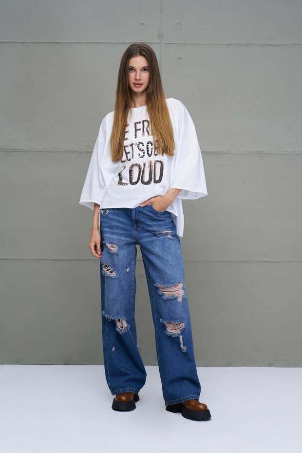 White Slogan Asymmetrical Oversize T-Shirt 18035