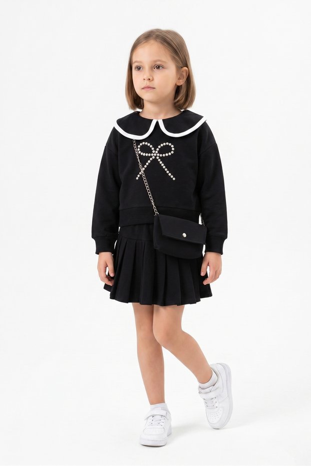 Girl's Baby Collar Stone Bow Detailed Sweatshirt Pleated Skirt Bag Set