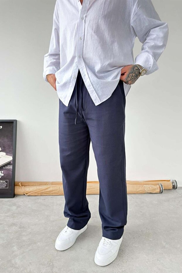 Navy Blue Baggy Linen Pants