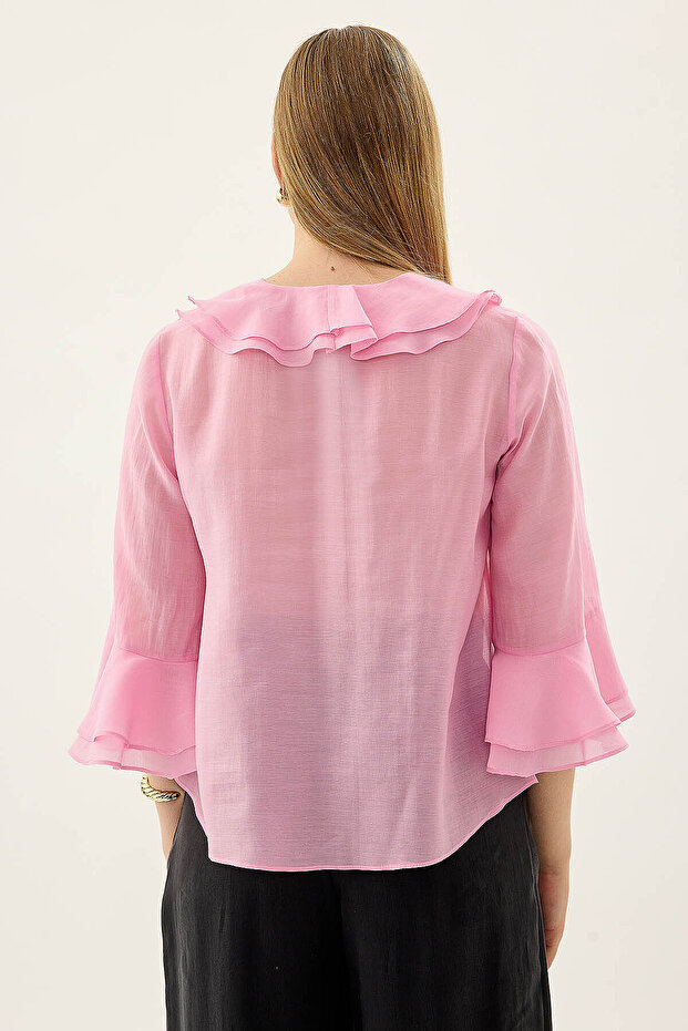 Buttoned Front Ruffled Blouse - 4