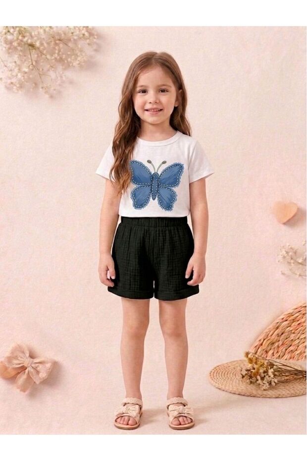 Girl's Blue Butterfly Printed White Combed Cotton T-Shirt-Black 100% Cotton Muslin Fabric Shorts Set