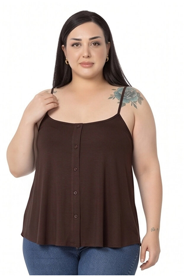 Plus Size Adjustable Drawstring Strap Ornamental Button Viscose Brown Blouse