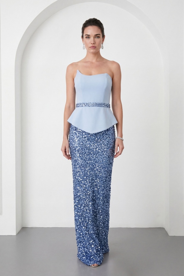 Women's Baby Blue Slim Fit Strapless Collar Sequin Long Evening Dress