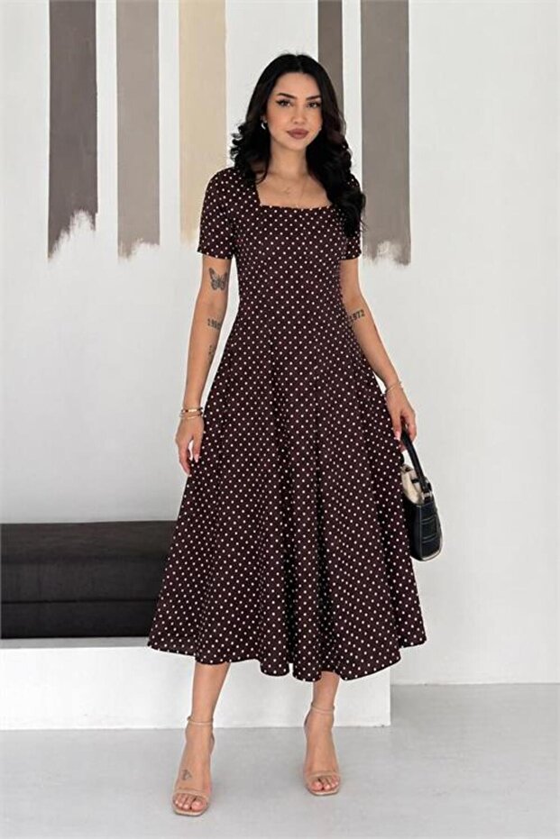 Women's Brown Polka Dot Pattern Short Sleeve Square Neck Midi Length Dress --- Nbk081