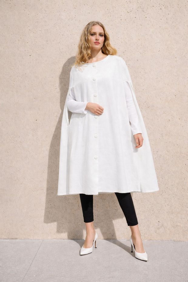 Women's Relax Fit Basic Sleeveless White Cashmere Coat Poncho