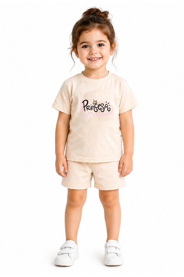 Girl's Shorts T-Shirt Set Beige Princess Printed