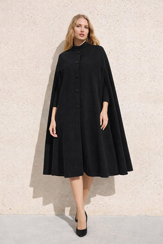 Women's Relax Fit Basic Sleeveless Black Cashmere Coat Poncho