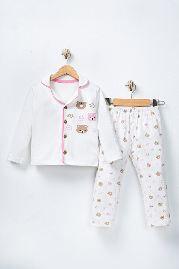 Baby Girl Patterned Pajama Set Cotton Long Sleeve Top and Bottom Set with Buttons