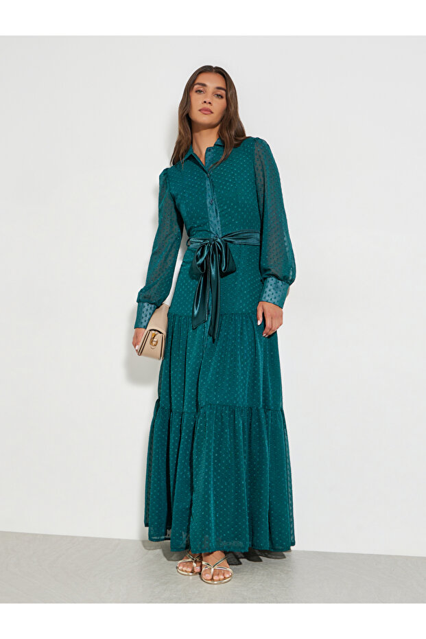 Teal Dobby Tiered Shirt Maxi Dress