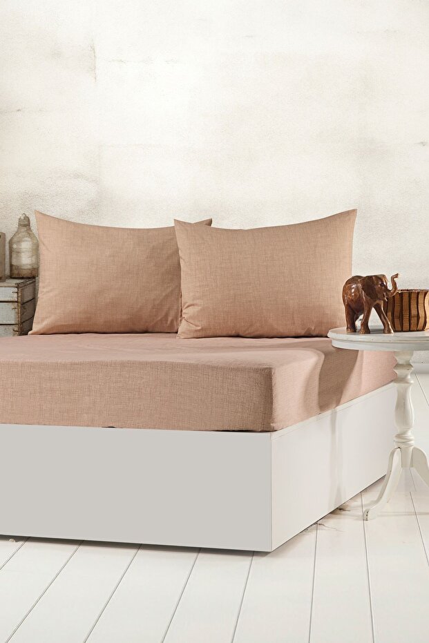 Tekstilla Pink Elastic Fitted Brown Color Double Pillowcase Bed Sheet Set