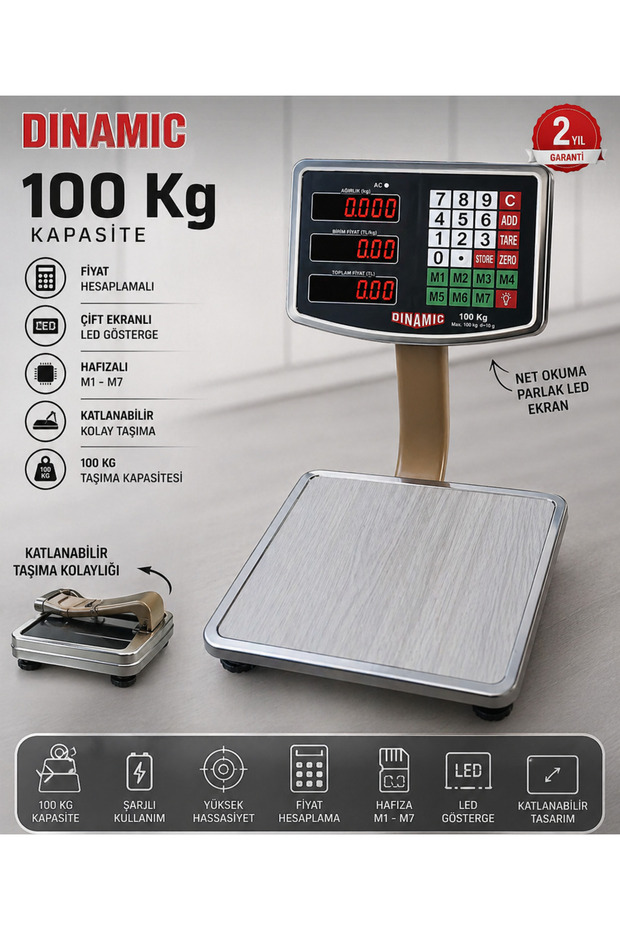 SUPER JVS 100 Kg Kapasiteli 2 Gram Hassasiyetli Terazi Fiyat Hesaplamalı-Katlanabilir-Uzun Şarj Süresi-Çift Led Ekranlı Terazi