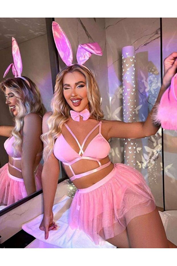 madamlace ,Kadın Pembe Bunny Kostüm,Pembe Tül Etekli Tavşan Kostümü